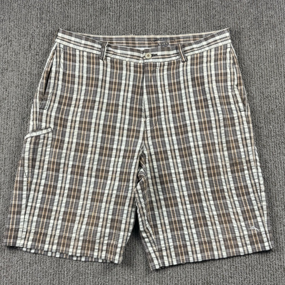 Tommy Bahama Mens 34 Relax Chino Shorts Seersucker Brown Plaid Cotton